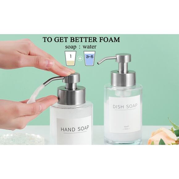 Glass Soap Dispenser Set 12oz with Stainless Steel Pump, Waterproof Labels - Picture 10 of 13